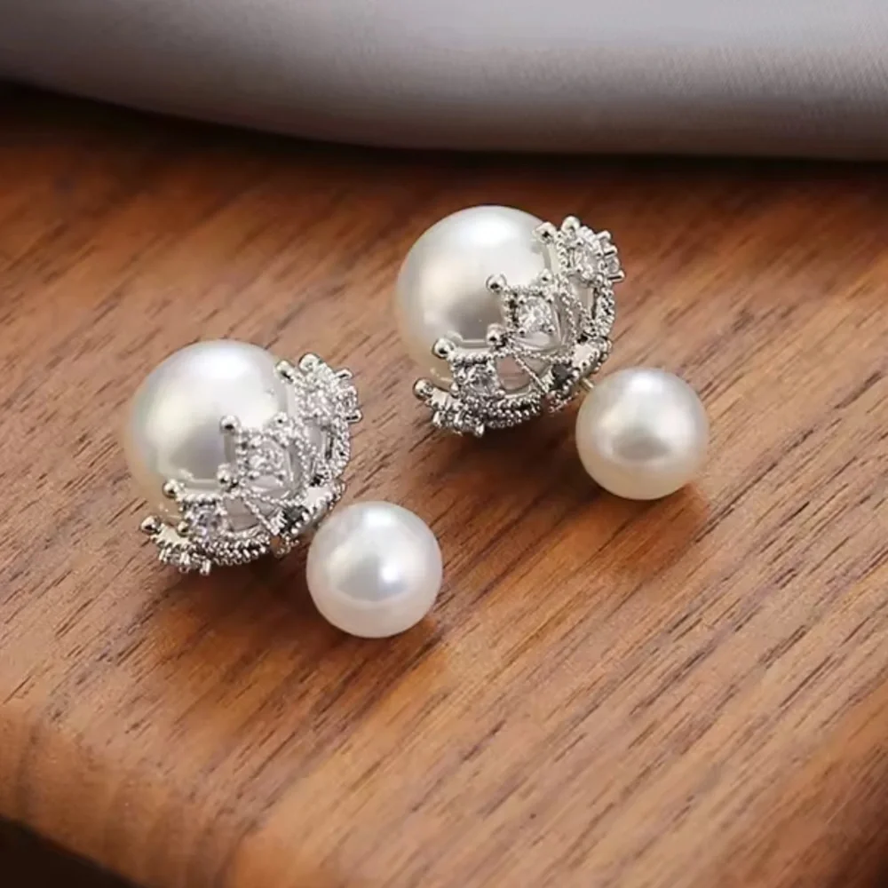 Classic Pearl Crown Crystal Earrings